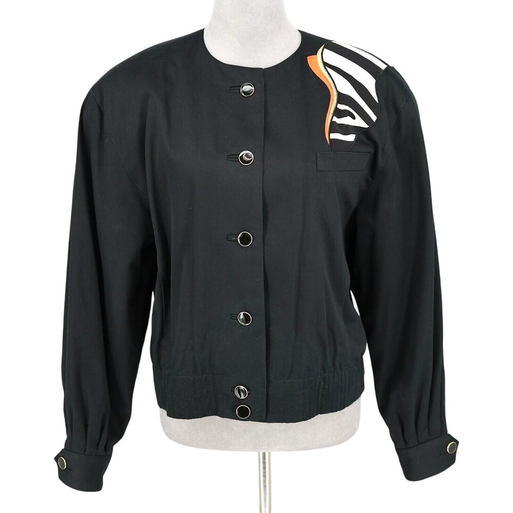 Louis Feraud Jacket Womens 8 Black Floral Embroidered Cotton Lined Vintage